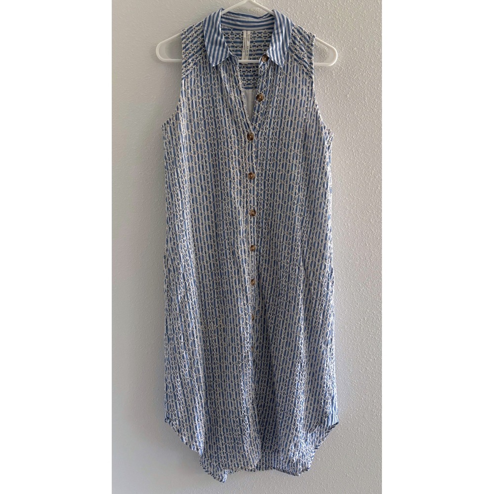 Anthropologie Kismet Shirt Dress Women 4 Blue White Stripe Eyelet Preppy Coastal